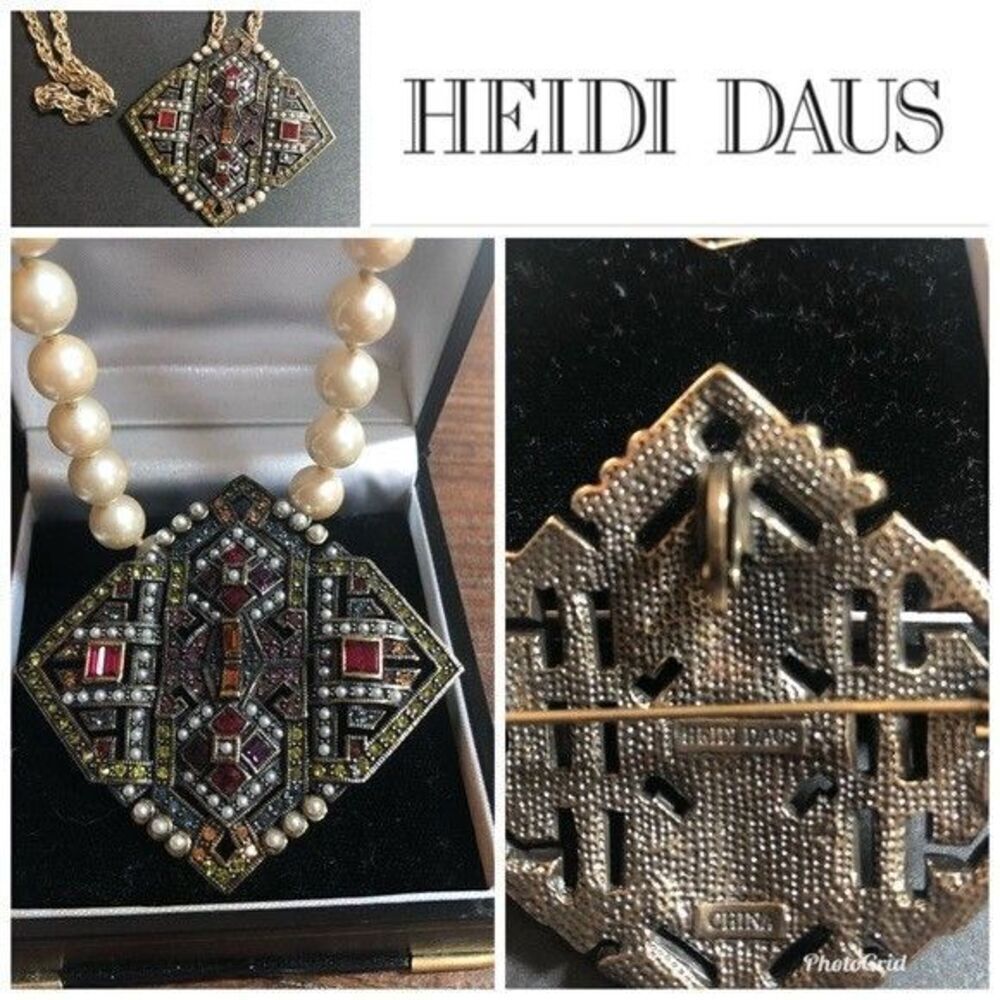 RETIRED “HEIDI DAUS” Multi Stone Brooch Pin/Pearl Enhancer Necklace